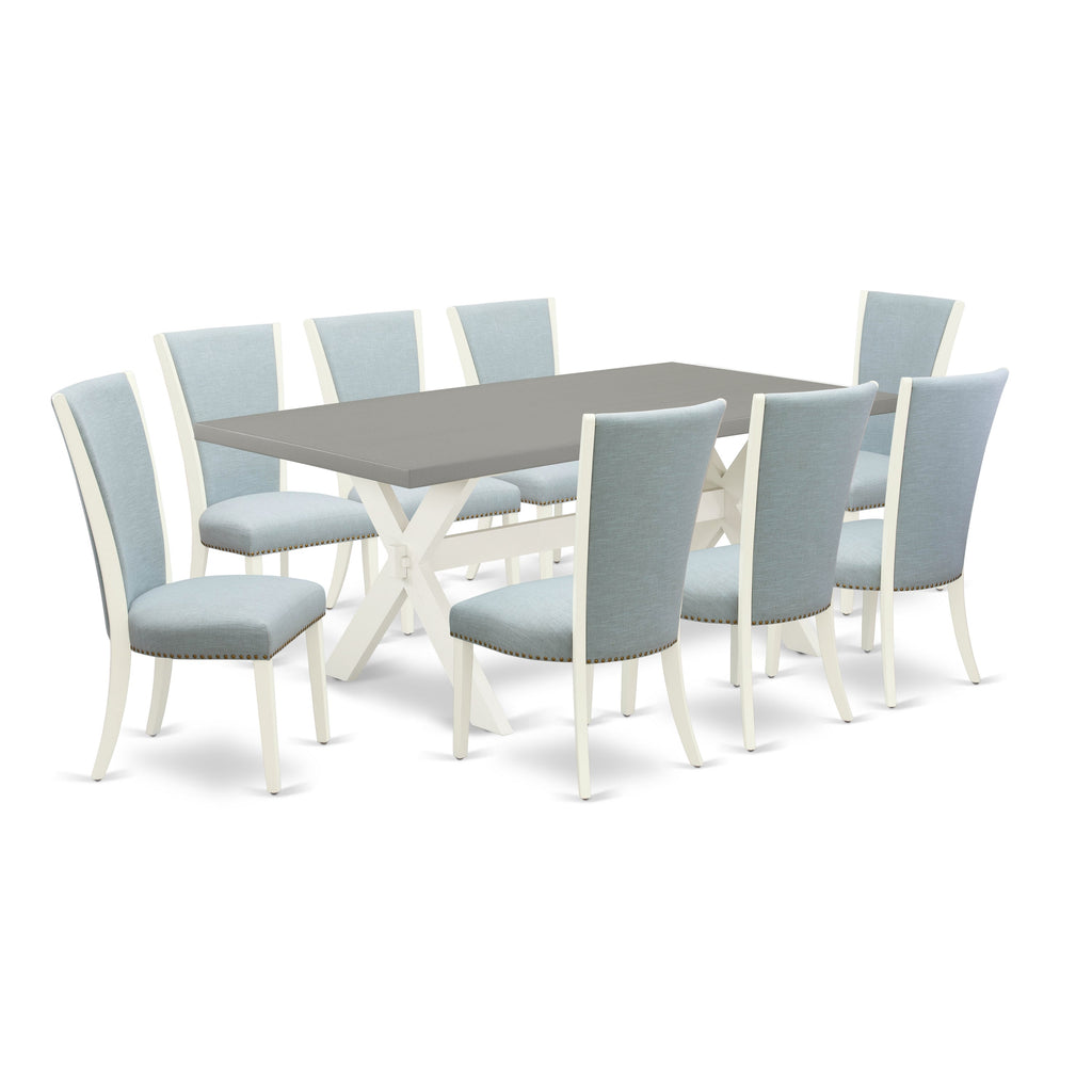 East West Furniture X097VE215-9 9 Piece Dining Room Set Includes a Rectangle Dining Table with X-Legs and 8 Baby Blue Linen Fabric Upholstered Chairs