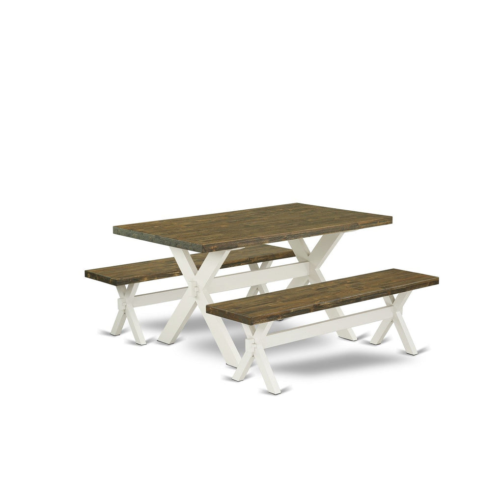 Juego de comedor de 3 piezas East West Furniture X2-076. Contiene una mesa de comedor rectangular con patas en forma de X y 2 bancos de cocina.