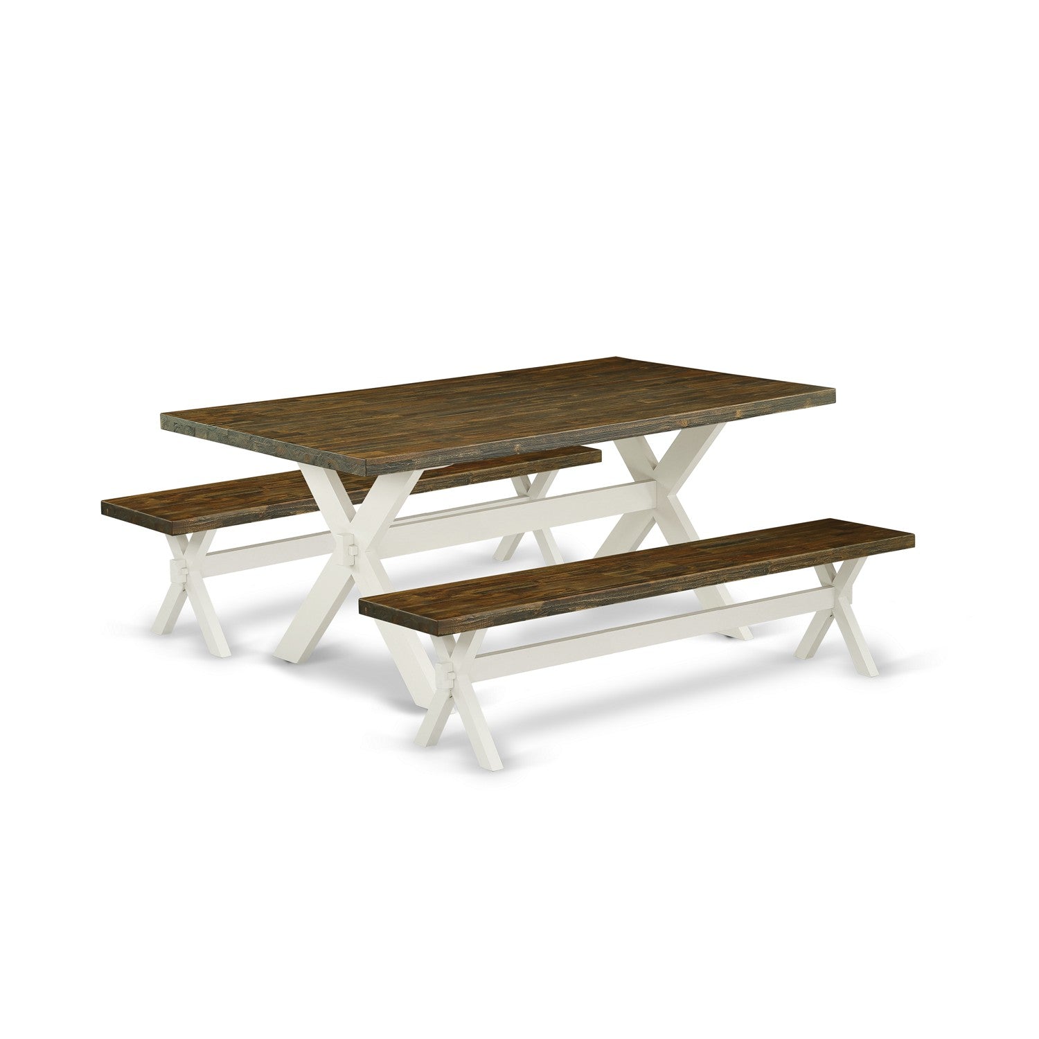 East West Furniture X2-077 3 Piece Modern Dining Table Set - 1 Dinning Table and 2 Dining Bench - Reliable and Sturdy Constructed - Distressed Jacobean Table top and linen white base Finish