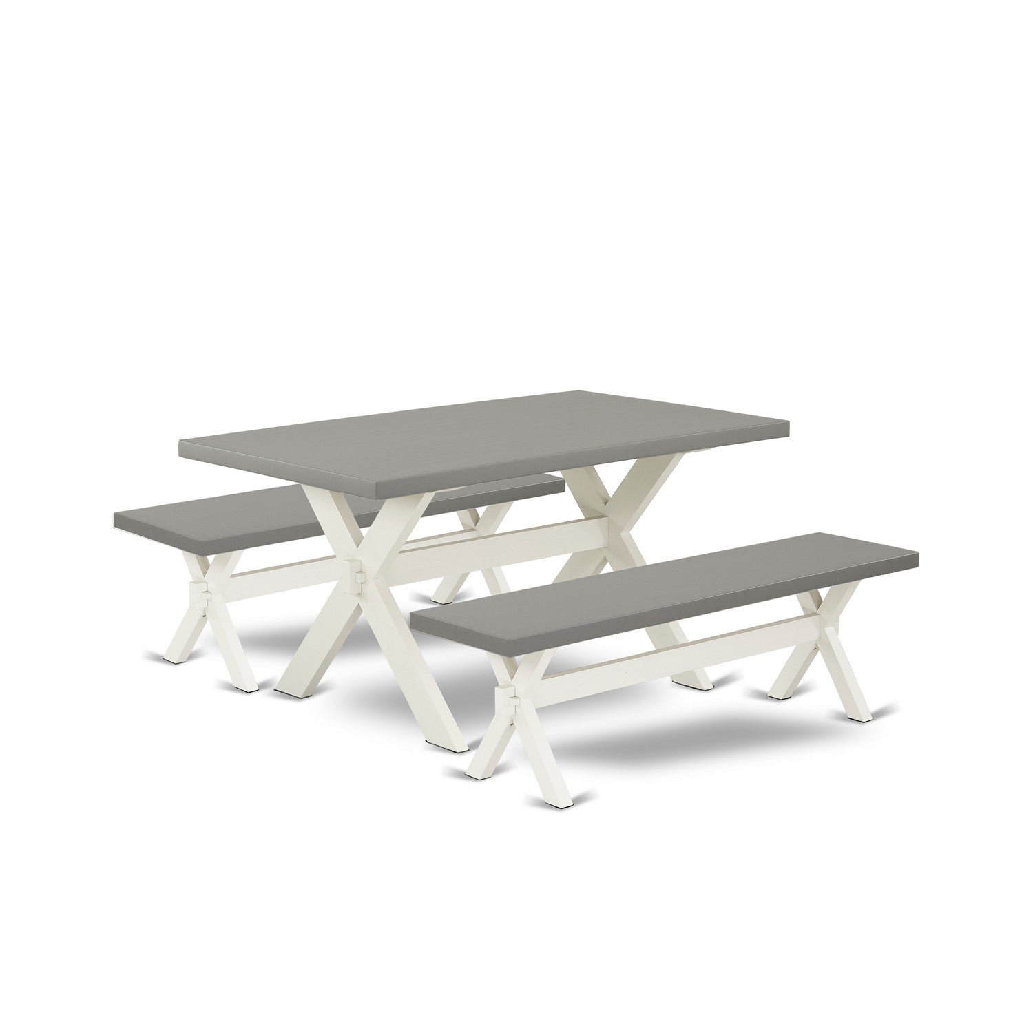 East West Furniture X2-096 3 Piece Kitchen Set - 1 Modern Dining Table and 2 Mid Century Modern Bench - Stable and Sturdy Constructed - Cement Table Top and linen white base Finish