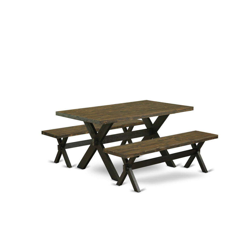 Juego de mesa de cocina de 3 piezas East West Furniture X2-676 para espacios pequeños. Contiene una mesa de comedor rectangular con patas en X y 2 bancos de comedor.