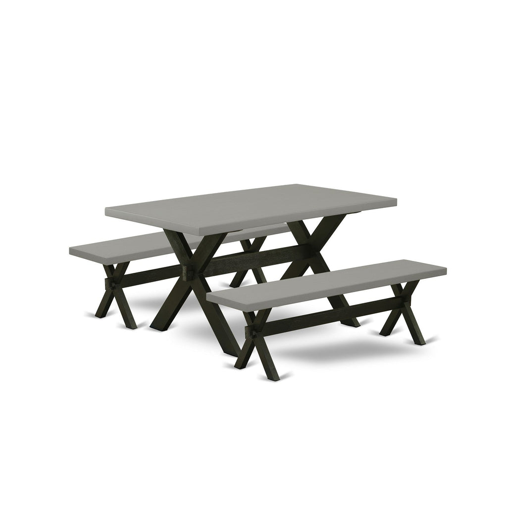 Juego de mesa de comedor moderna de 3 piezas East West Furniture X2-696. Contiene una mesa rectangular de madera con patas en forma de X y 2 bancos de comedor.