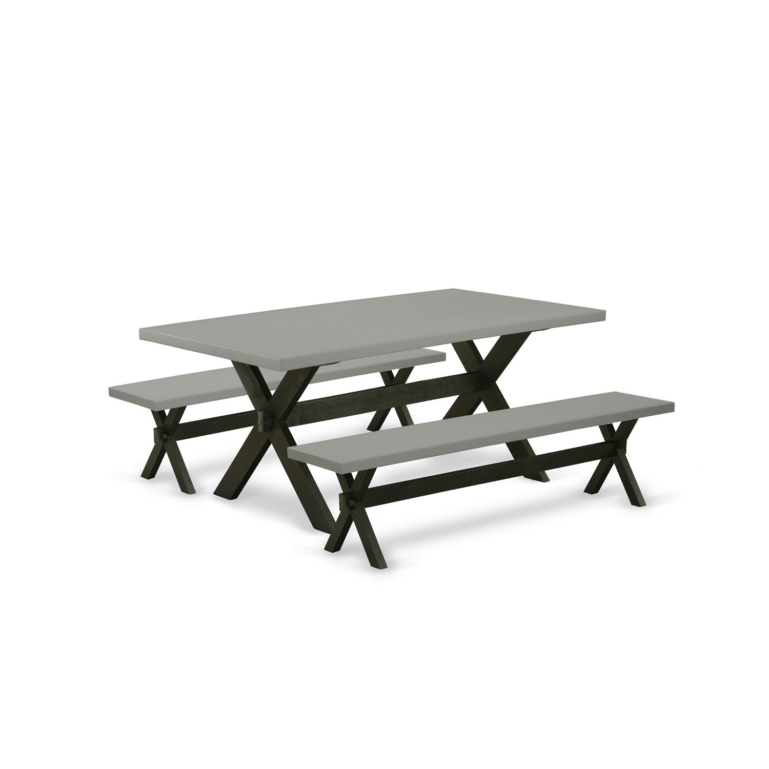 East West Furniture X2-697 3 Pc Small Dining Table Set - 1 Dining Room Table with 2 Modern Benches - Stable and Durable Construction - Cement Table top and Wire Brushed Black base Finish