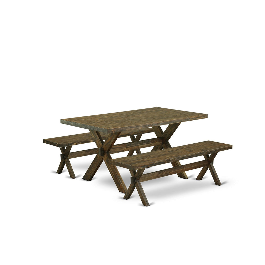 Juego de mesa de comedor moderna de 3 piezas East West Furniture X2-776. Contiene una mesa rectangular de madera con patas en forma de X y 2 bancos de comedor.