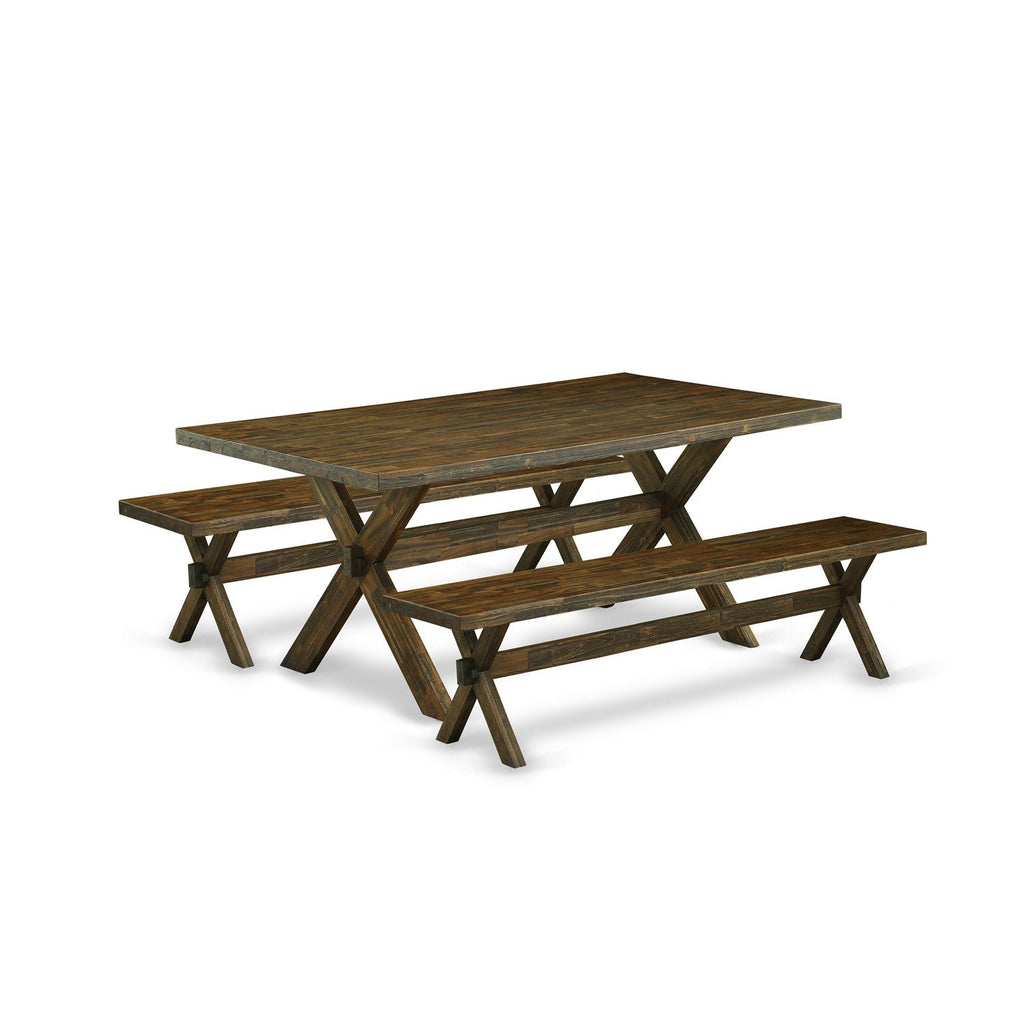 Juego de comedor de 3 piezas East West Furniture X2-777 que incluye una mesa de comedor rectangular con patas en forma de X y 2 bancos de cocina.