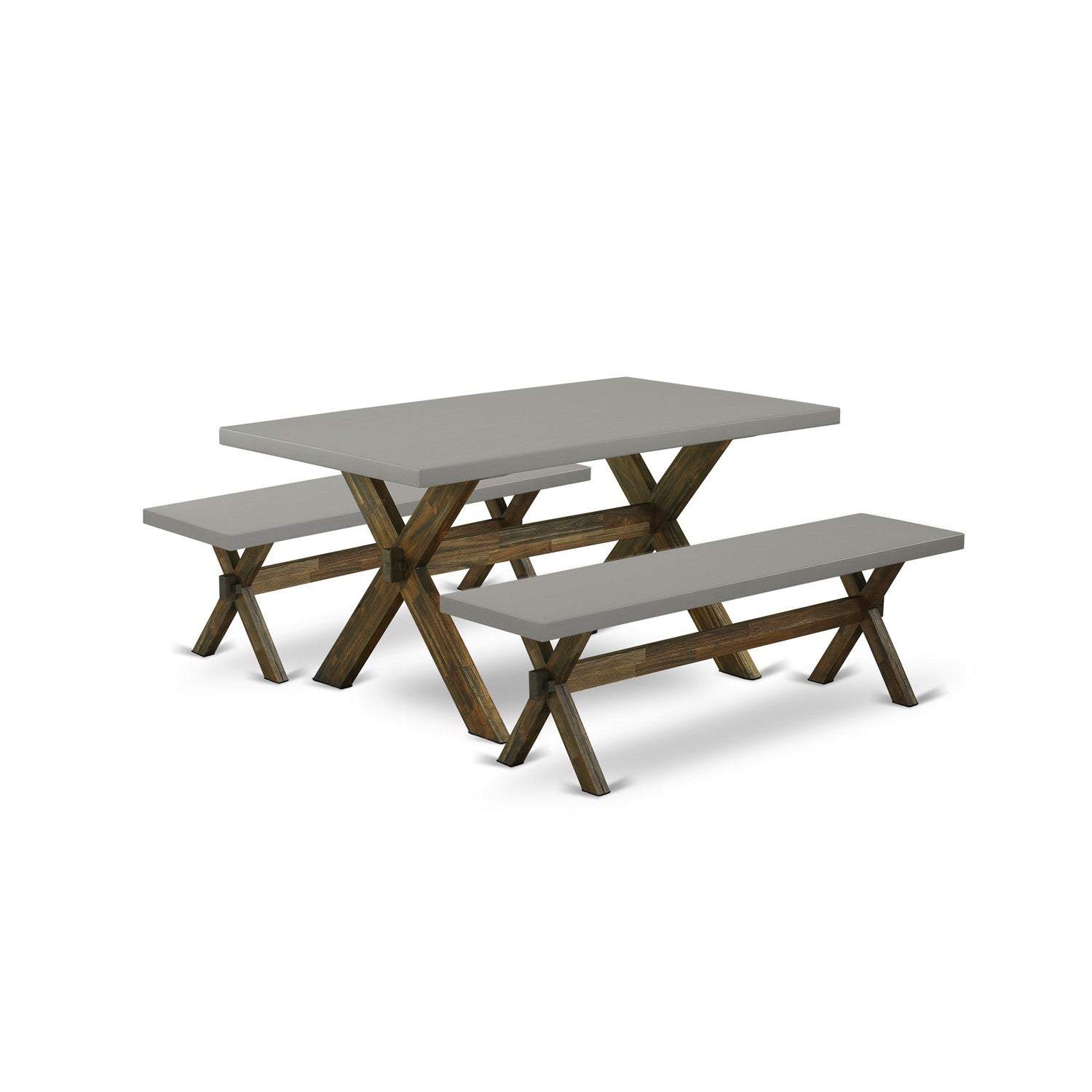 East West Furniture X2-796 3 Piece Small Dining Table Set - 1 Dining Room Table and 2 Benches - Stable and Sturdy Construction - Cement Table top and Distressed Jacobean base Finish
