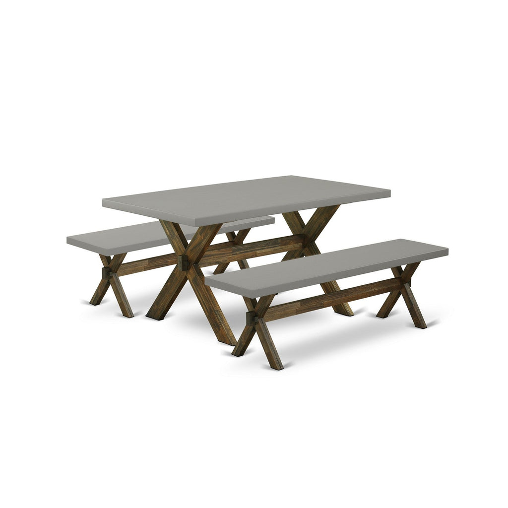 Juego de muebles de comedor de 3 piezas East West Furniture X2-796. Contiene una mesa de cocina rectangular con patas en forma de X y 2 bancos de mesa de comedor.