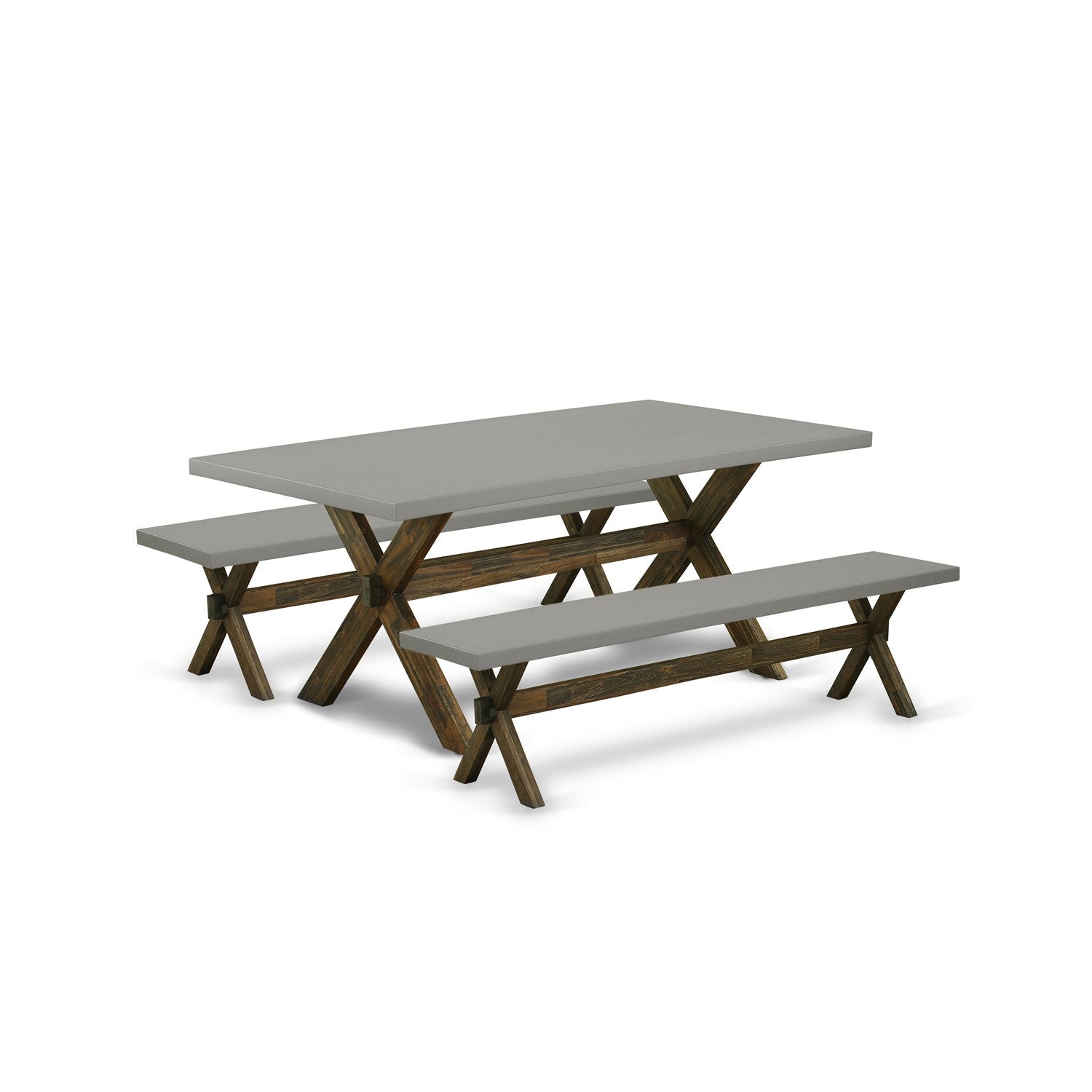 East West Furniture X2-797 3 Piece Kitchen Set - 1 Dining Room Table and 2 Wood Bench - Stable and Sturdy Constructed - Cement Table top and Distressed Jacobean base Finish