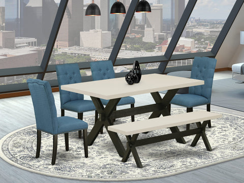 East West Furniture X626EL121-6 6 Piece Dining Room Set Contains a Rectangle Dining Table with X-Legs and 4 Blue Linen Fabric Parson Chairs with a Bench, 36x60 Inch, Multi-Color