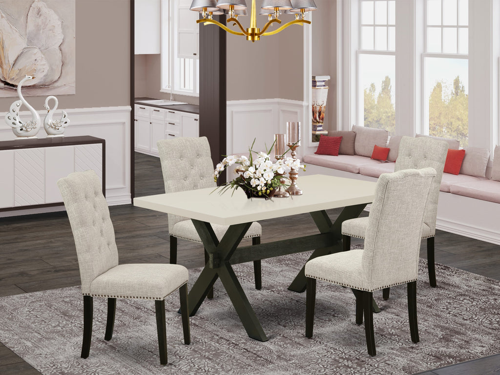 East West Furniture X626EL635-5 5 Piece Dining Room Furniture Set Includes a Rectangle Dining Table with X-Legs and 4 Doeskin Linen Fabric Upholstered Chairs, 36x60 Inch, Multi-Color