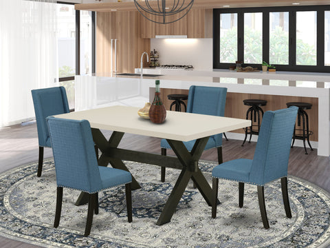 East West Furniture X626FL121-5 5 Piece Dining Table Set for 4 Includes a Rectangle Kitchen Table with X-Legs and 4 Blue Linen Fabric Parson Dining Room Chairs, 36x60 Inch, Multi-Color