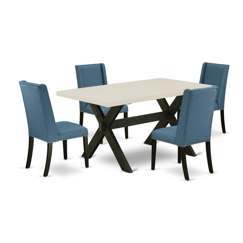 East West Furniture X626FL121-5 5 Piece Dining Table Set for 4 Includes a Rectangle Kitchen Table with X-Legs and 4 Blue Linen Fabric Parson Dining Room Chairs, 36x60 Inch, Multi-Color
