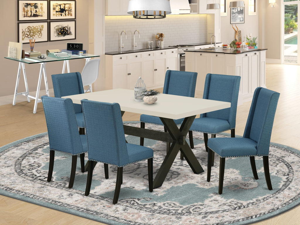 East West Furniture X626FL121-7 7 Piece Dining Room Furniture Set Consist of a Rectangle Dining Table with X-Legs and 6 Blue Linen Fabric Upholstered Chairs, 36x60 Inch, Multi-Color