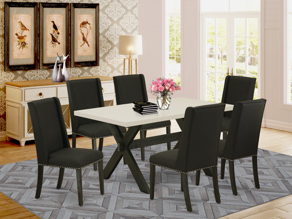 East West Furniture X626FL624-7 7 Piece Dining Set Consist of a Rectangle Dining Room Table with X-Legs and 6 Black Linen Fabric Upholstered Parson Chairs, 36x60 Inch, Multi-Color