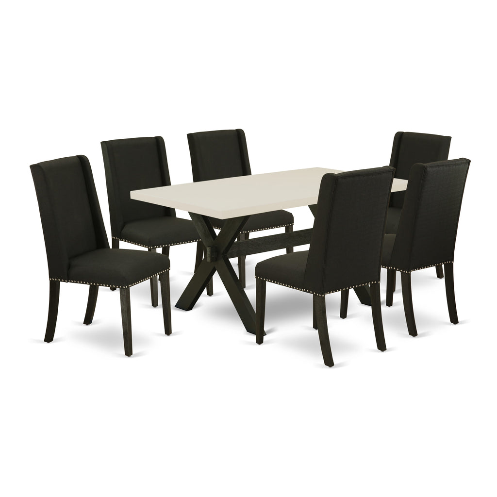 East West Furniture X626FL624-7 7 Piece Dining Set Consist of a Rectangle Dining Room Table with X-Legs and 6 Black Linen Fabric Upholstered Parson Chairs, 36x60 Inch, Multi-Color