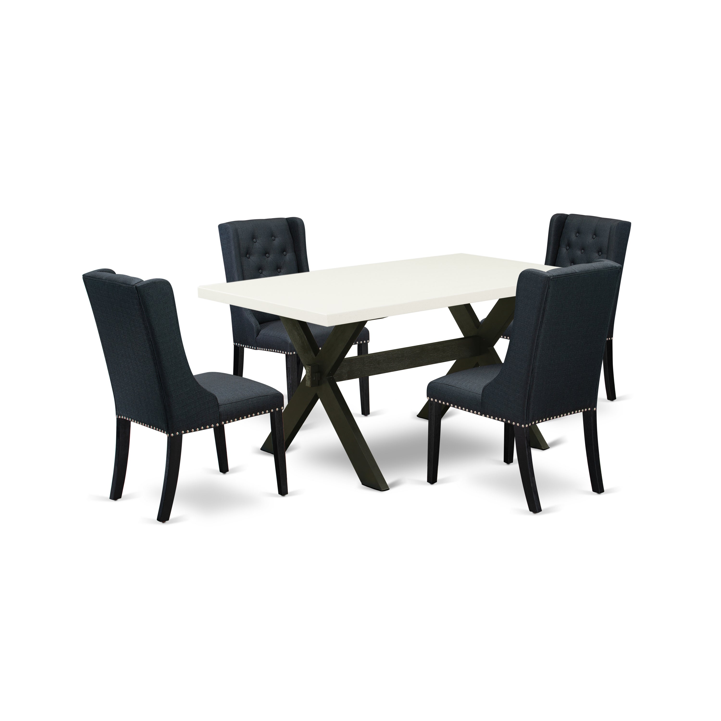 East West Furniture X626FO624-5 5 Piece Dining Table Set Includes 4 Black Linen Fabric Padded Chair with Button Tufted and linen white Dining Room Table - Wire Brush Black Finish