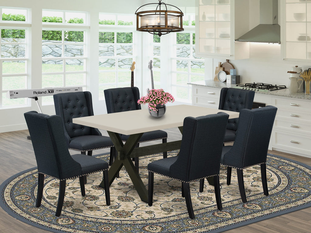 East West Furniture X626FO624-7 7 Piece Dining Set Consist of a Rectangle Dining Room Table with X-Legs and 6 Black Linen Fabric Upholstered Chairs, 36x60 Inch, Multi-Color