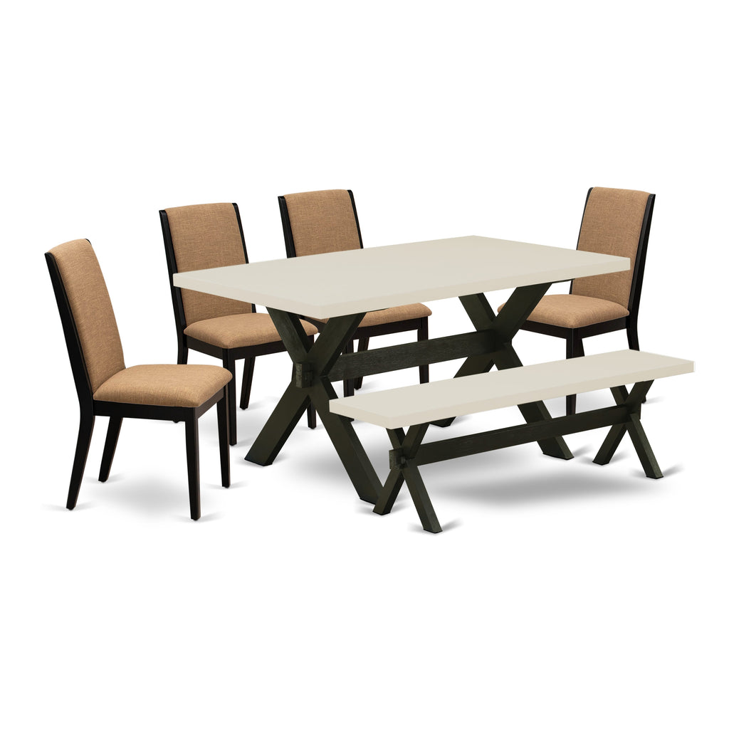 East West Furniture X626LA147-6 6 Piece Kitchen Table Set Contains a Rectangle Dining Table with X-Legs and 4 Light Sable Linen Fabric Parson Chairs with a Bench, 36x60 Inch, Multi-Color
