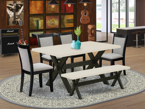 East West Furniture X626MZ606-6 6 Piece Dining Set Contains a Rectangle Dining Room Table with X-Legs and 4 Shitake Linen Fabric Upholstered Chairs with a Bench, 36x60 Inch, Multi-Color