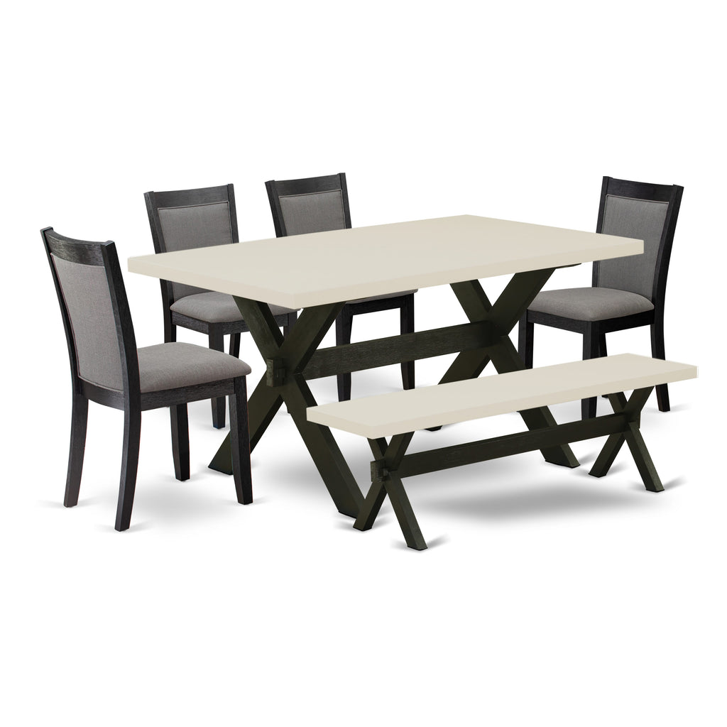 East West Furniture X626MZ650-6 6 Piece Dinette Set Contains a Rectangle Dining Table with X-Legs and 4 Dark Gotham Grey Linen Fabric Parson Chairs with a Bench, 36x60 Inch, Multi-Color