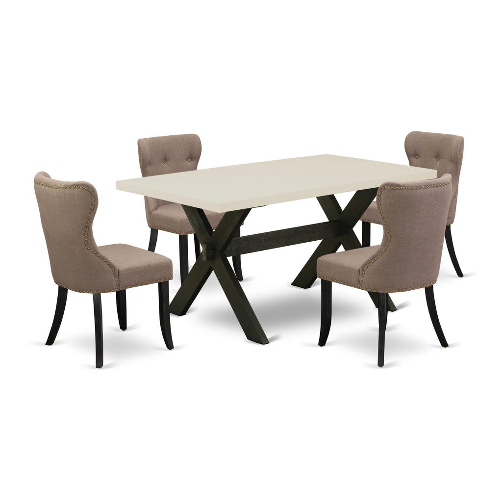 East West Furniture X626SI648-5 5 Piece Modern Dining Table Set Includes a Rectangle Wooden Table with X-Legs and 4 Coffee Linen Fabric Parsons Dining Chairs, 36x60 Inch, Multi-Color