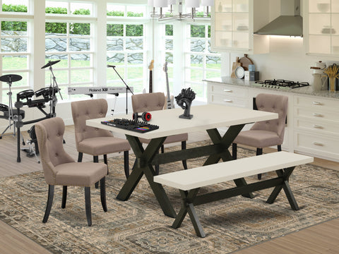East West Furniture X626SI648-6 6 Piece Dining Room Table Set Contains a Rectangle Dining Table with X-Legs and 4 Coffee Linen Fabric Parson Chairs with a Bench, 36x60 Inch, Multi-Color