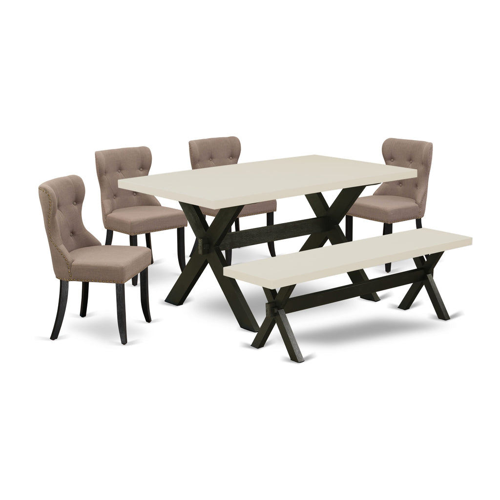 East West Furniture X626SI648-6 6 Piece Dining Room Table Set Contains a Rectangle Dining Table with X-Legs and 4 Coffee Linen Fabric Parson Chairs with a Bench, 36x60 Inch, Multi-Color