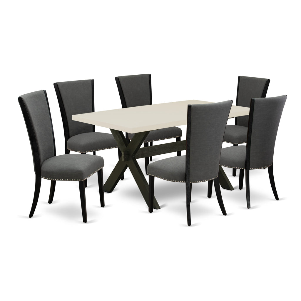 X626VE650-7 7Pc Dining Set - 36x60" Rectangular Table and 6 Parson Chairs - Wirebrushed Black & Linen White Color