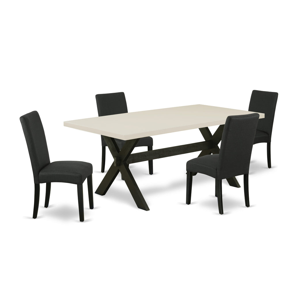 East West Furniture X627DR124-5 5 Piece Dining Set Includes a Rectangle Dining Room Table with X-Legs and 4 Black Color Linen Fabric Upholstered Parson Chairs, 40x72 Inch, Multi-Color