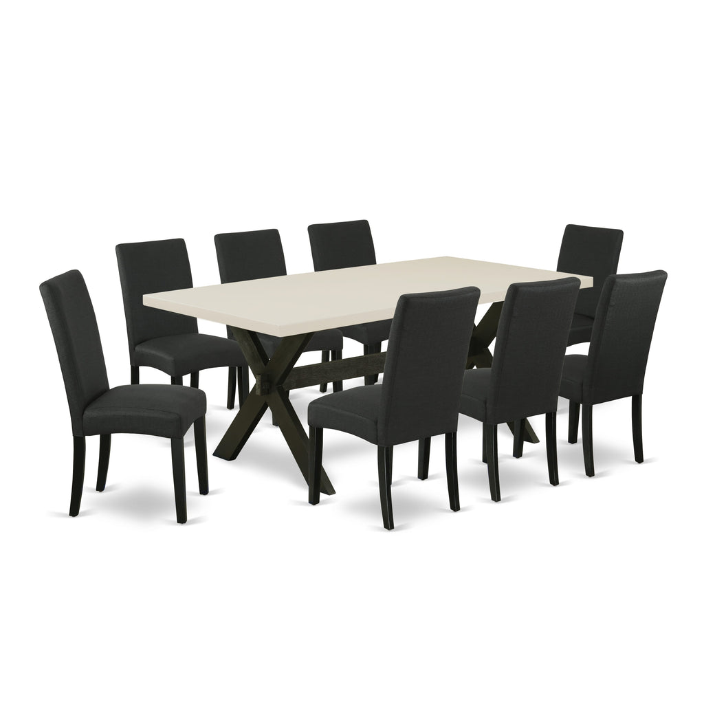 East West Furniture X627DR124-9 9 Piece Modern Dining Table Set Includes a Rectangle Wooden Table with X-Legs and 8 Black Color Linen Fabric Parsons Dining Chairs, 40x72 Inch, Multi-Color