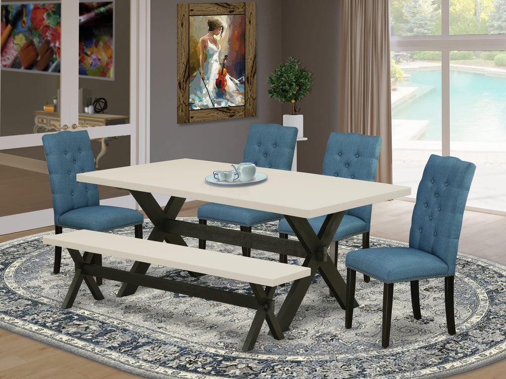 East West Furniture X627EL121-6 6 Piece Dinette Set Contains a Rectangle Dining Room Table with X-Legs and 4 Blue Linen Fabric Parson Chairs with a Bench, 40x72 Inch, Multi-Color