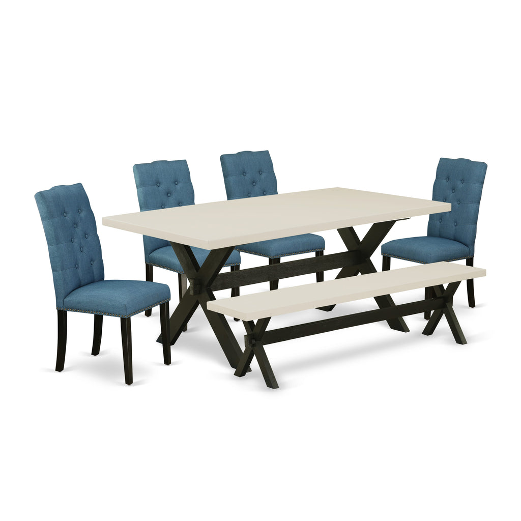 East West Furniture X627EL121-6 6 Piece Dinette Set Contains a Rectangle Dining Room Table with X-Legs and 4 Blue Linen Fabric Parson Chairs with a Bench, 40x72 Inch, Multi-Color