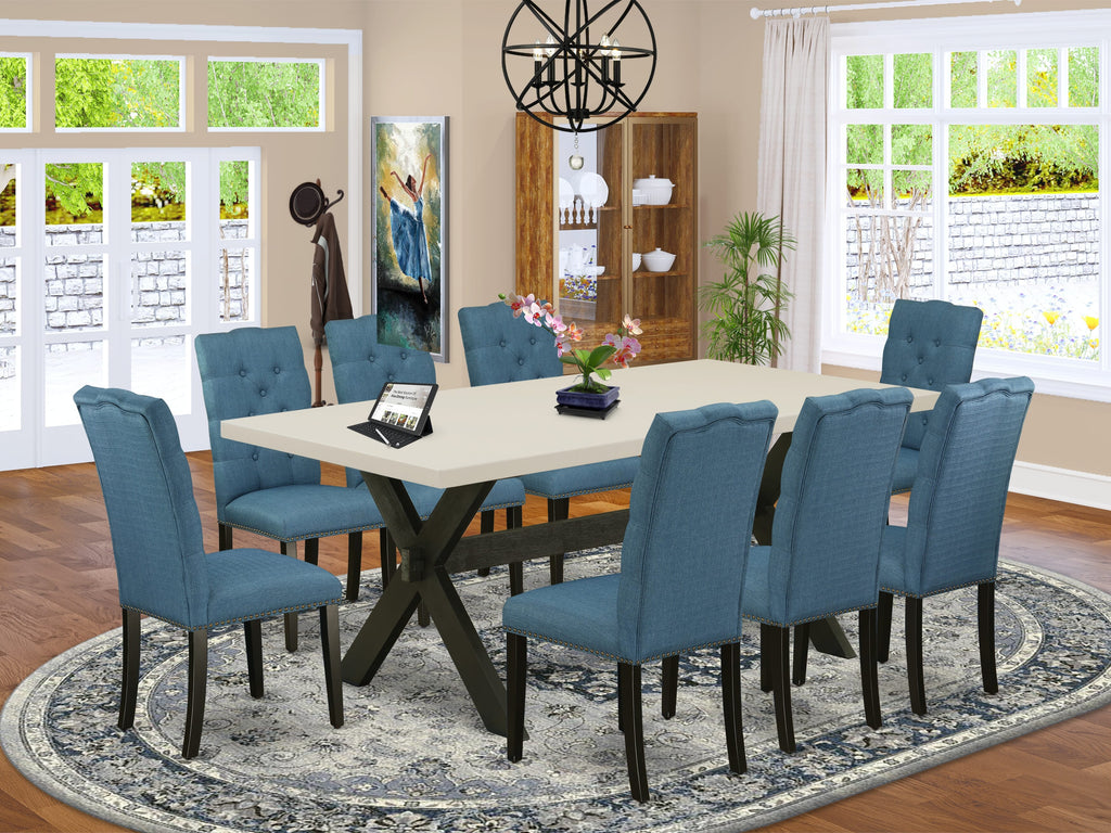 East West Furniture X627EL121-9 9 Piece Dining Room Table Set Includes a Rectangle Dining Table with X-Legs and 8 Blue Linen Fabric Upholstered Parson Chairs, 40x72 Inch, Multi-Color
