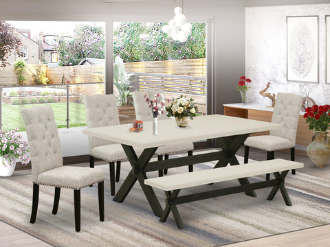 East West Furniture X627EL635-6 6 Piece Dining Table Set Contains a Rectangle Dining Room Table with X-Legs and 4 Doeskin Linen Fabric Parson Chairs with a Bench, 40x72 Inch, Multi-Color
