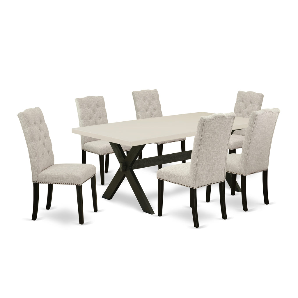 East West Furniture X627EL635-7 7 Piece Dining Table Set Consist of a Rectangle Dining Room Table with X-Legs and 6 Doeskin Linen Fabric Upholstered Chairs, 40x72 Inch, Multi-Color