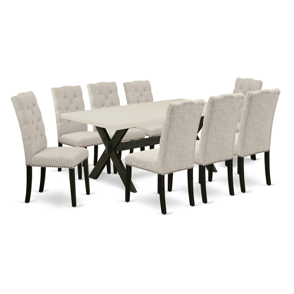 East West Furniture X627EL635-9 9 Piece Dining Room Table Set Includes a Rectangle Dining Table with X-Legs and 8 Doeskin Linen Fabric Upholstered Parson Chairs, 40x72 Inch, Multi-Color
