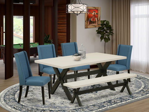 East West Furniture X627FL121-6 6 Piece Dining Set Contains a Rectangle Dining Room Table with X-Legs and 4 Blue Linen Fabric Parson Chairs with a Bench, 40x72 Inch, Multi-Color