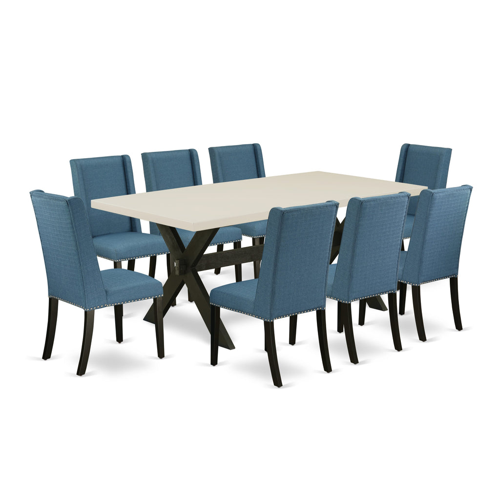 East West Furniture X627FL121-9 9 Piece Kitchen Table & Chairs Set Includes a Rectangle Dining Room Table with X-Legs and 8 Blue Linen Fabric Parson Dining Chairs, 40x72 Inch, Multi-Color