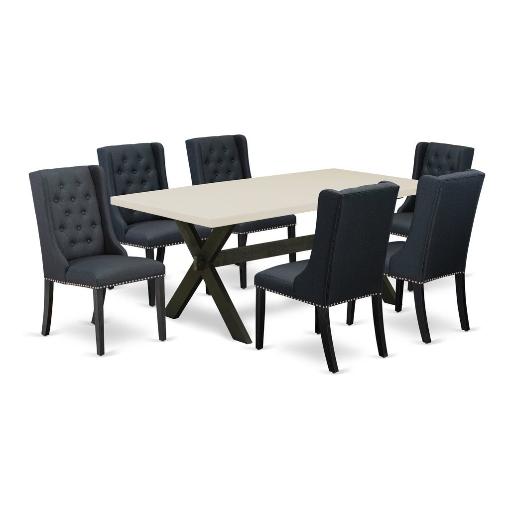East West Furniture X627FO624-7 7 Piece Dining Room Table Set Consist of a Rectangle Kitchen Table with X-Legs and 6 Black Linen Fabric Parson Dining Chairs, 40x72 Inch, Multi-Color