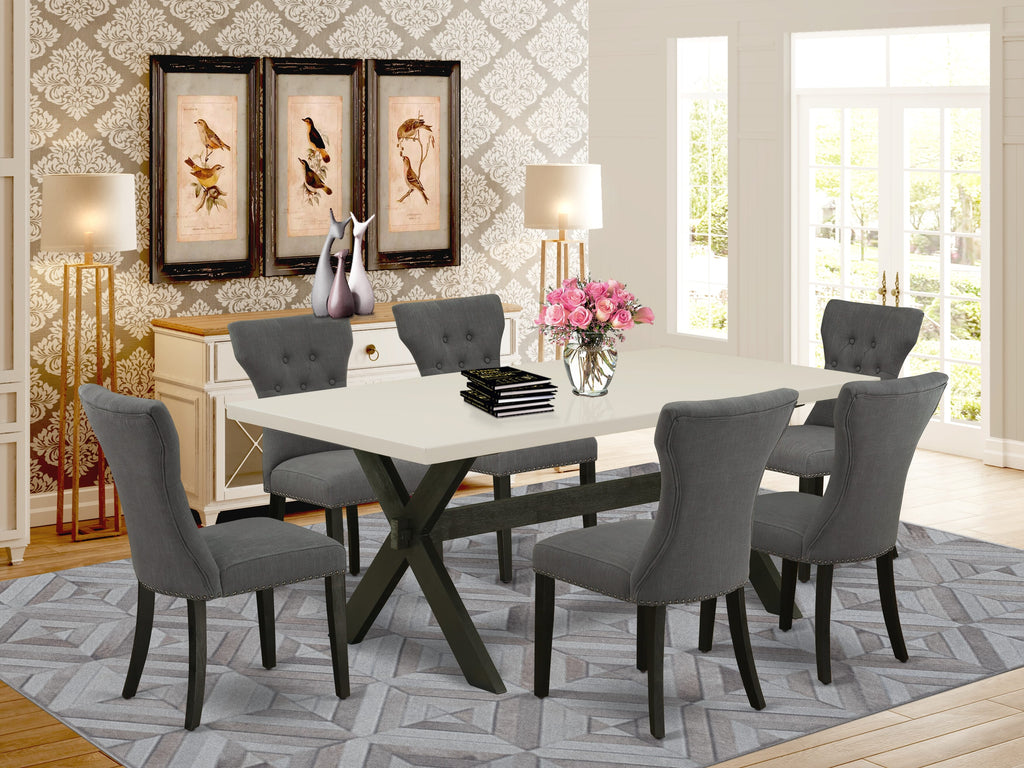 East West Furniture X627GA650-7 7 Piece Dining Room Furniture Set Consist of a Rectangle Dining Table with X-Legs and 6 Dark Gotham Linen Fabric Parson Chairs, 40x72 Inch, Multi-Color
