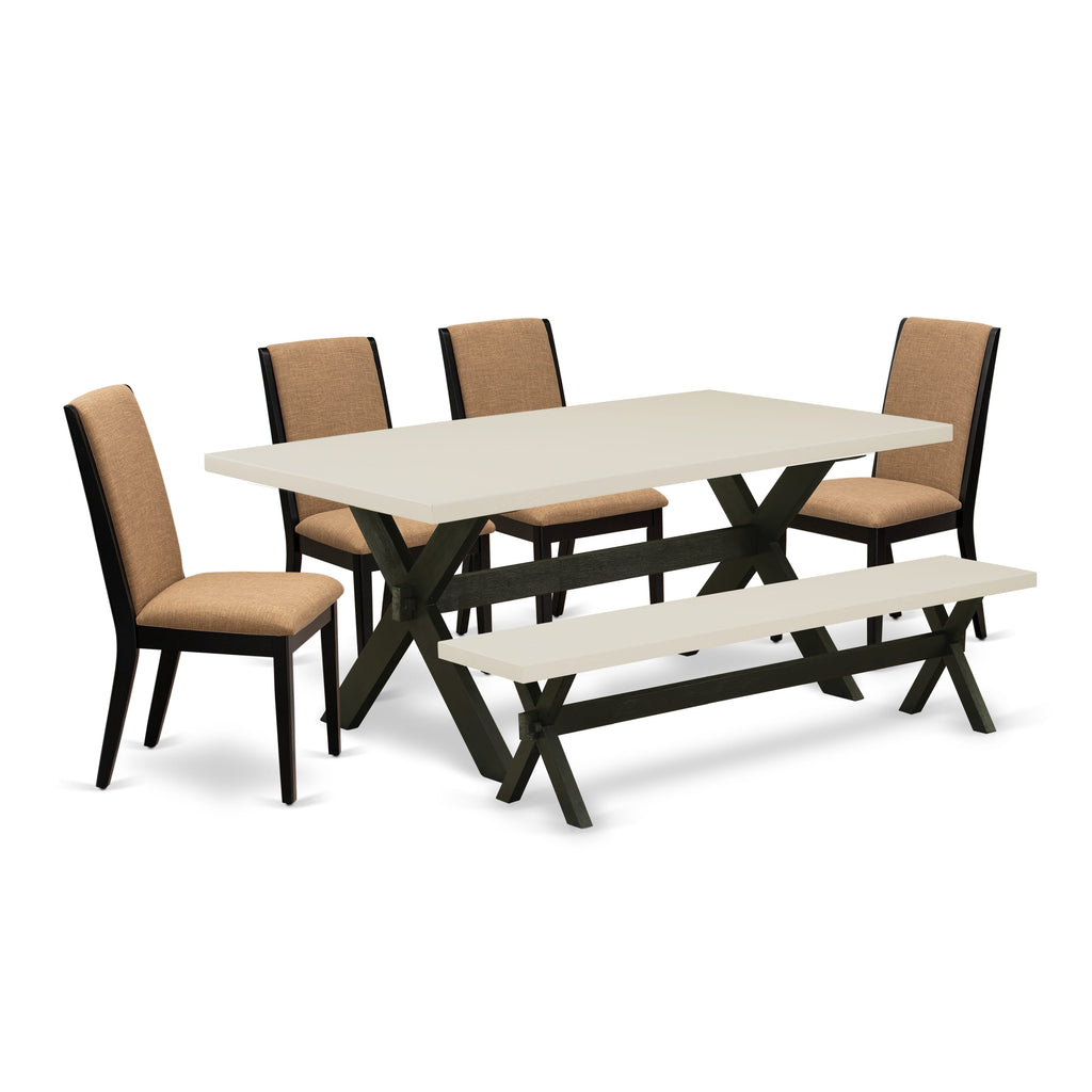 East West Furniture X627LA147-6 6 Piece Dining Set Contains a Rectangle Dining Room Table with X-Legs and 4 Light Sable Linen Fabric Parson Chairs with a Bench, 40x72 Inch, Multi-Color