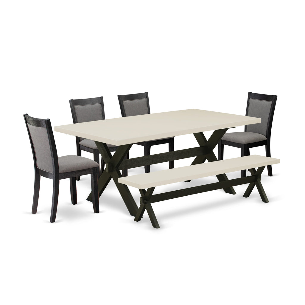 East West Furniture X627MZ650-6 6 Piece Dining Table Set Contains a Rectangle Kitchen Table and 4 Dark Gotham Grey Linen Fabric Parson Chairs with a Bench, 40x72 Inch, Multi-Color