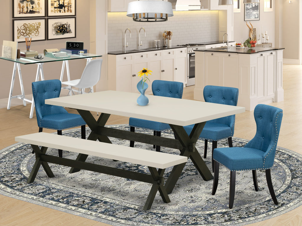 East West Furniture X627SI121-6 6 Piece Kitchen Table & Chairs Set Contains a Rectangle Wooden Table and 4 Blue Linen Fabric Parson Chairs with a Bench, 40x72 Inch, Multi-Color