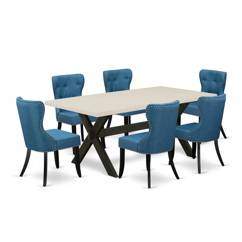East West Furniture X627SI121-7 7 Piece Modern Dining Table Set Consist of a Rectangle Wooden Table with X-Legs and 6 Blue Linen Fabric Parson Dining Chairs, 40x72 Inch, Multi-Color