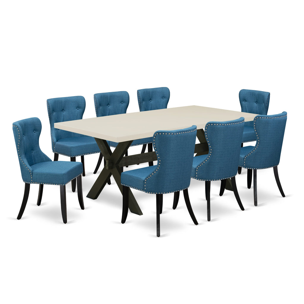 East West Furniture X627SI121-9 9 Piece Dining Table Set Includes a Rectangle Dining Room Table with X-Legs and 8 Blue Linen Fabric Upholstered Parson Chairs, 40x72 Inch, Multi-Color