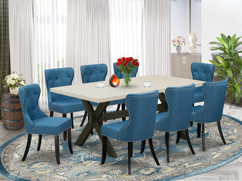 East West Furniture X627SI121-9 9 Piece Dining Table Set Includes a Rectangle Dining Room Table with X-Legs and 8 Blue Linen Fabric Upholstered Parson Chairs, 40x72 Inch, Multi-Color