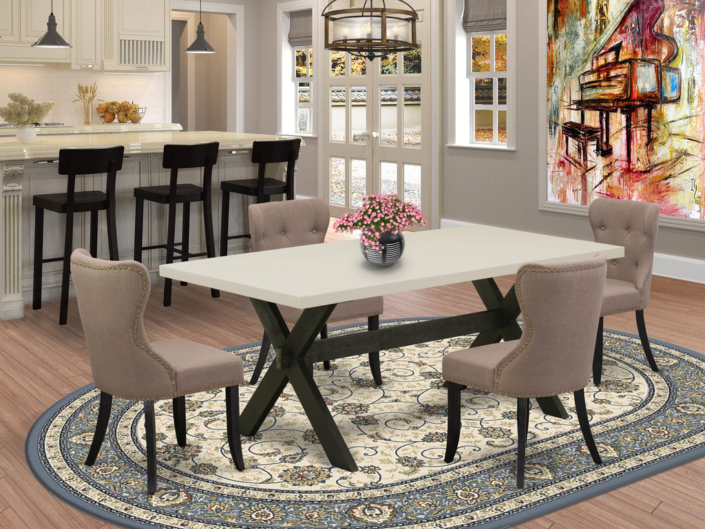 East West Furniture X627SI648-5 5 Piece Dining Room Furniture Set Includes a Rectangle Dining Table with X-Legs and 4 Coffee Linen Fabric Upholstered Chairs, 40x72 Inch, Multi-Color