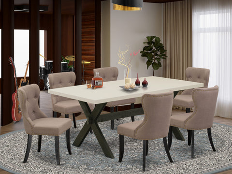 East West Furniture X627SI648-7 7 Piece Dining Room Furniture Set Consist of a Rectangle Dining Table with X-Legs and 6 Coffee Linen Fabric Upholstered Chairs, 40x72 Inch, Multi-Color