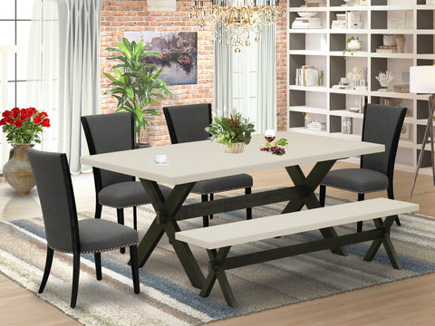 East West Furniture X627VE650-6 6 Piece Dining Set Contains a Rectangle Dining Room Table with X-Legs and 4 Dark Gotham Linen Fabric Upholstered Chairs with a Bench, 40x72 Inch, Multi-Color