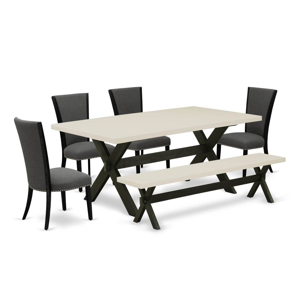 East West Furniture X627VE650-6 6 Piece Dining Set Contains a Rectangle Dining Room Table with X-Legs and 4 Dark Gotham Linen Fabric Upholstered Chairs with a Bench, 40x72 Inch, Multi-Color
